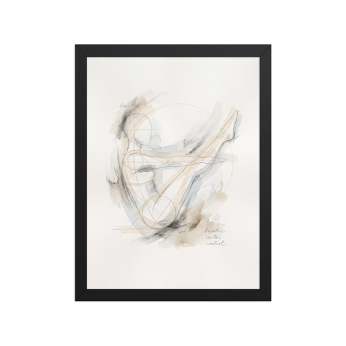 A minimalist figure sketch in soft watercolor washes with gentle geometric lines and the handwritten words breathe, center, and control, creating a tranquil focus for a meditation room or bedroom. Shown here as the Lyco art print 'Breathe and Center'.