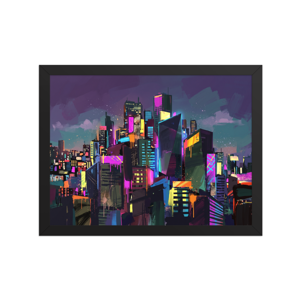 Neo-expressionism wall art for the living room, 'Neon Metropolis'. An expressive digital painting of a glowing futuristic skyline with neon lights and urban paint drips, creating a dynamic focal point for a Game Room or Office.