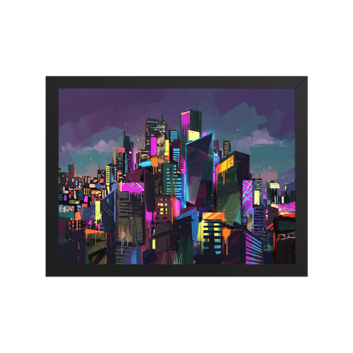 Neo-expressionism wall art for the living room, 'Neon Metropolis'. An expressive digital painting of a glowing futuristic skyline with neon lights and urban paint drips, creating a dynamic focal point for a Game Room or Office.