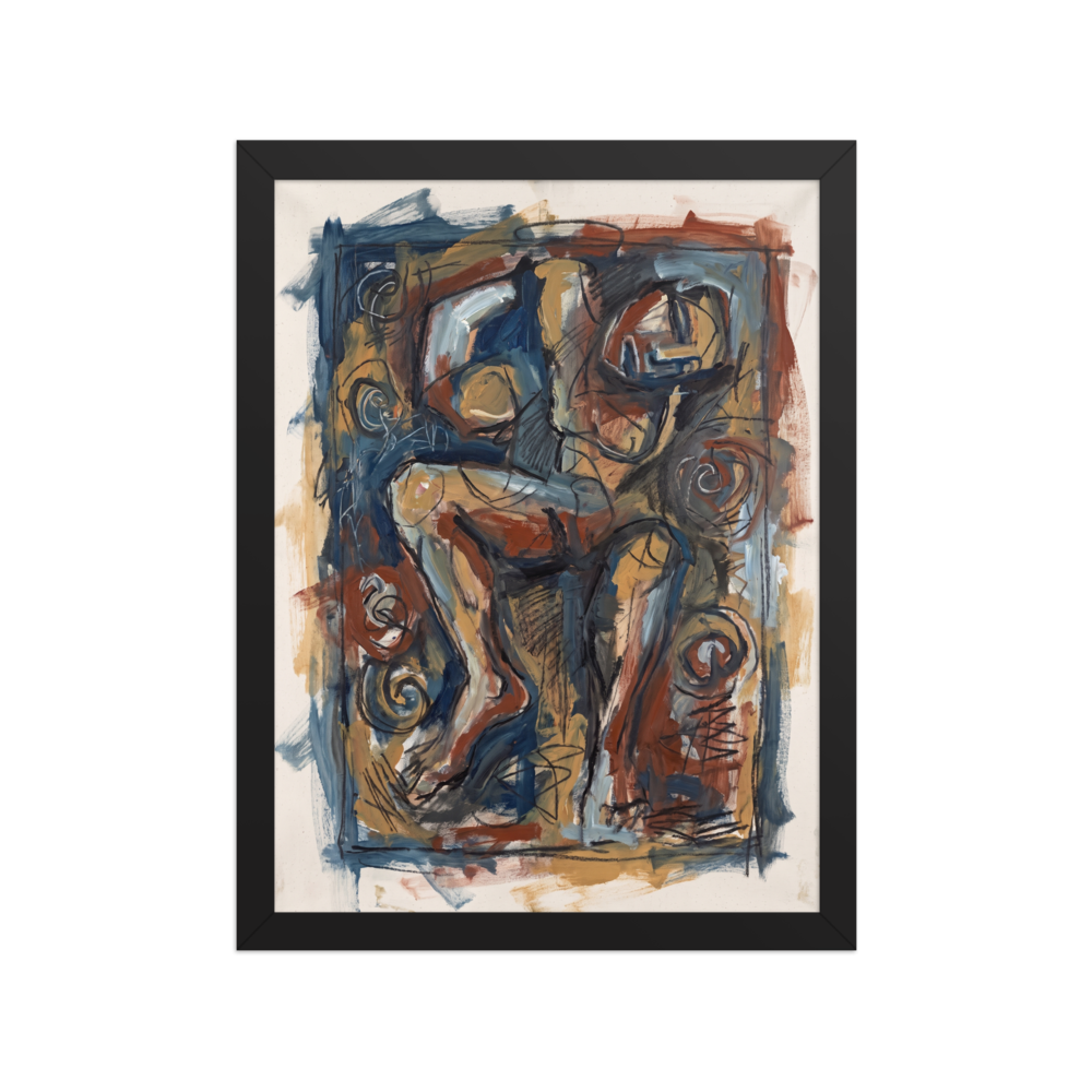 Neo-expressionism wall art, 'Abstract Limbs in Sienna'. An abstract figurative oil painting of intertwined limbs in earthy sienna and muted blue tones, adding depth and brooding energy to a bedroom or living room.