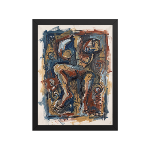Neo-expressionism wall art, 'Abstract Limbs in Sienna'. An abstract figurative oil painting of intertwined limbs in earthy sienna and muted blue tones, adding depth and brooding energy to a bedroom or living room.