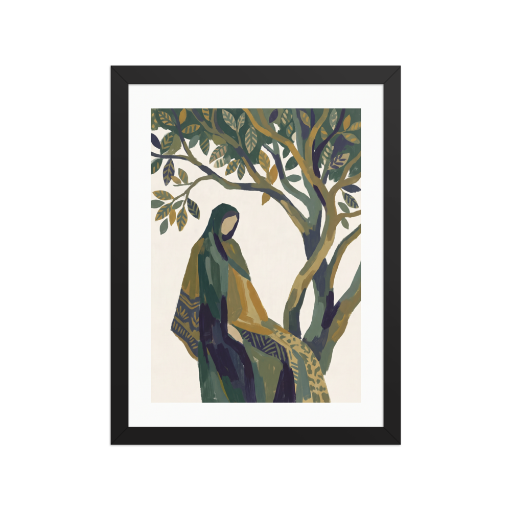 A calmness Les Nabis print, 'Beneath the Olive Tree'. A tranquil painting of a cloaked figure sitting peacefully beneath the green branches of an olive tree, creating a calming centerpiece for a bedroom or meditation space.
