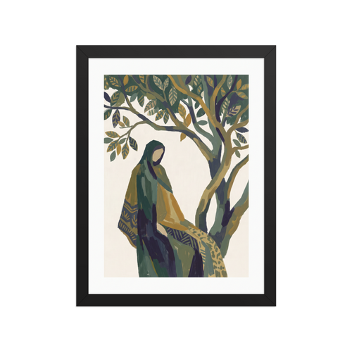 A calmness Les Nabis print, 'Beneath the Olive Tree'. A tranquil painting of a cloaked figure sitting peacefully beneath the green branches of an olive tree, creating a calming centerpiece for a bedroom or meditation space.