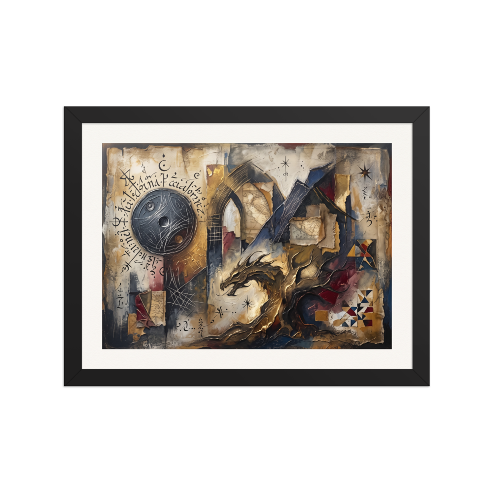 'The Alchemist's Dragon', part of Meron's Dau-al-Set wall art. An ornate mixed-media assemblage featuring a sculpted golden dragon, a dark celestial sphere with alchemical script, and torn map fragments, ideal for a library or study.