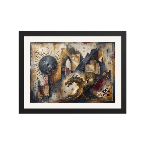 'The Alchemist's Dragon', part of Meron's Dau-al-Set wall art. An ornate mixed-media assemblage featuring a sculpted golden dragon, a dark celestial sphere with alchemical script, and torn map fragments, ideal for a library or study.