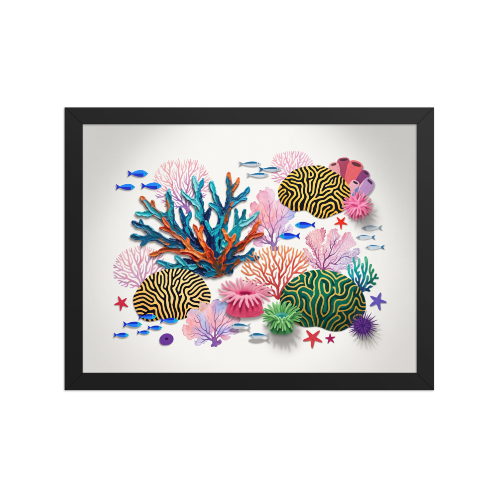'Reef Symphony', a Assemblage wall art print. A colorful mixed-media illustration of a tropical reef with textured coral branches and swimming fish, creating a cheerful atmosphere for a Nursery or Bathroom.