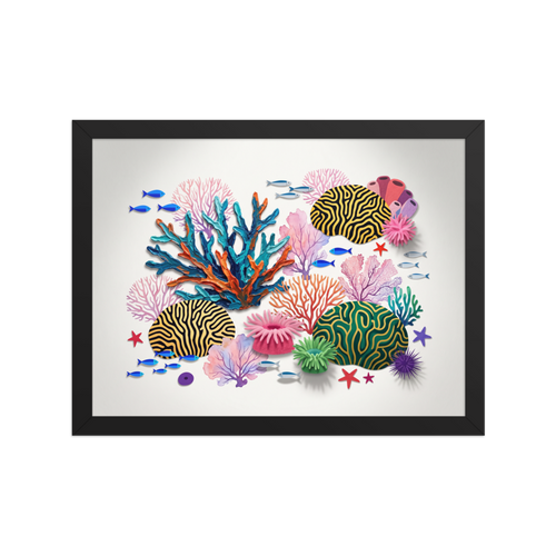 'Reef Symphony', a Assemblage wall art print. A colorful mixed-media illustration of a tropical reef with textured coral branches and swimming fish, creating a cheerful atmosphere for a Nursery or Bathroom.