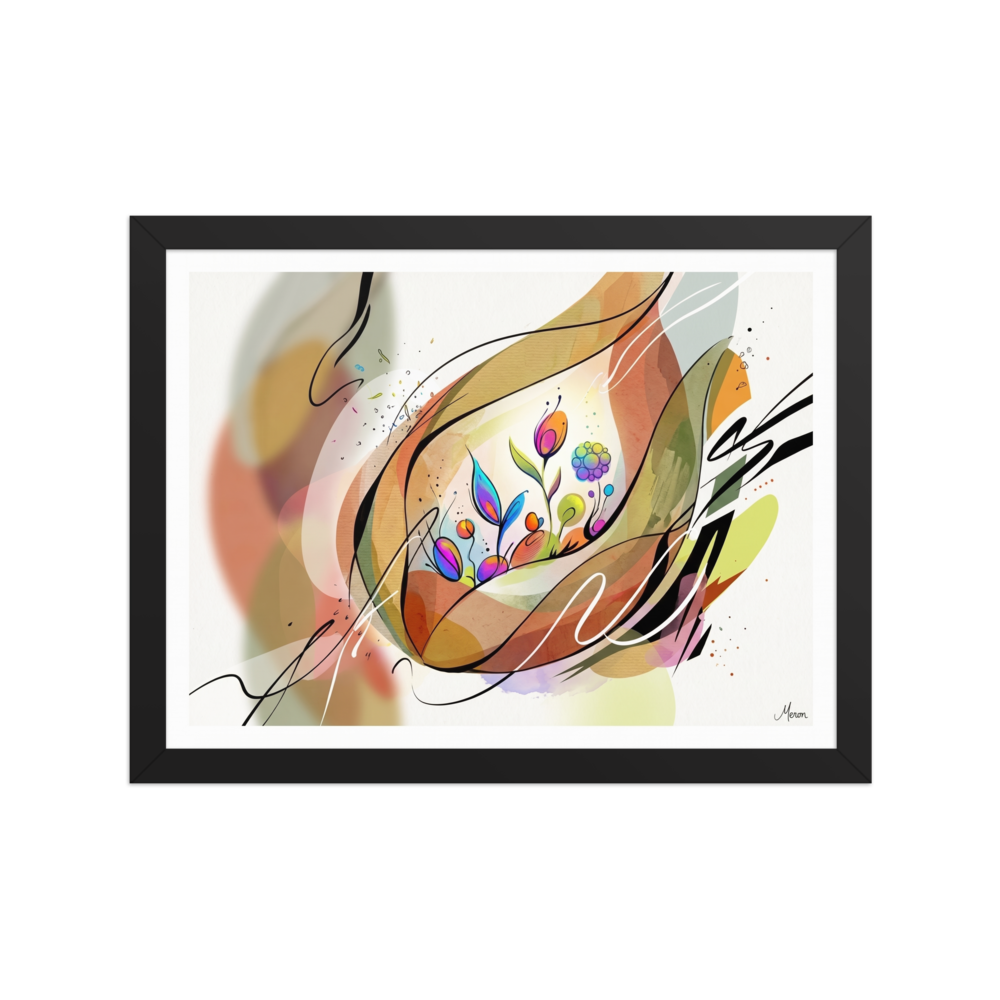 A lyrical abstract watercolor and ink composition of glowing flowers nestled within calligraphic brushstrokes, perfect for a peaceful bedroom or sunroom. 'Lyrical Blooms in Warm Light', a Lyrical abstraction print for the wall.