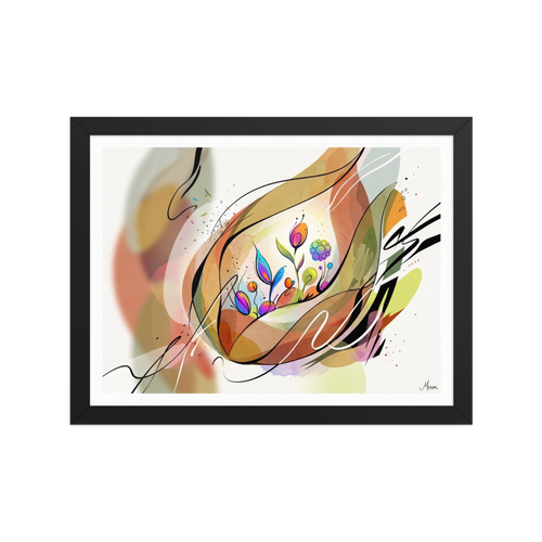 A lyrical abstract watercolor and ink composition of glowing flowers nestled within calligraphic brushstrokes, perfect for a peaceful bedroom or sunroom. 'Lyrical Blooms in Warm Light', a Lyrical abstraction print for the wall.