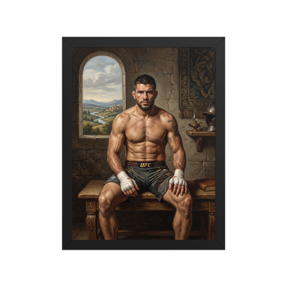 Wall art print 'The Renaissance Gladiator' in a Renaissance style. An oil painting of a muscular UFC fighter with wrapped hands sitting on a wooden bench inside a stone room overlooking a Renaissance landscape, perfect for a gym or man cave.