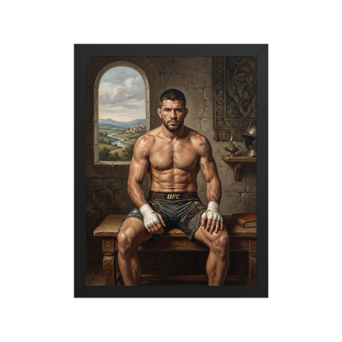 Wall art print 'The Renaissance Gladiator' in a Renaissance style. An oil painting of a muscular UFC fighter with wrapped hands sitting on a wooden bench inside a stone room overlooking a Renaissance landscape, perfect for a gym or man cave.