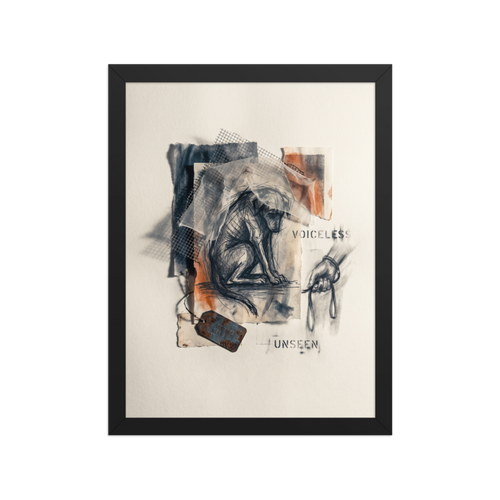 An emotional mixed-media collage featuring a charcoal drawing of a cowering dog under wire mesh and fabric, next to the stenciled words Voiceless and Unseen, suitable for a study or office. 'Voiceless and Unseen', a Transgressive art print for the wall.