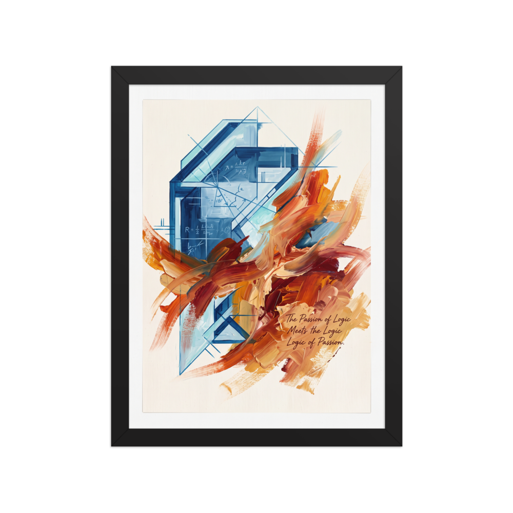 Cool blue architectural blueprints and equations intersect with dynamic sweeps of fiery orange oil paint, creating an striking contrast for modern office or living room wall decor. Available as the Lyco art art print 'The Passion of Logic'.