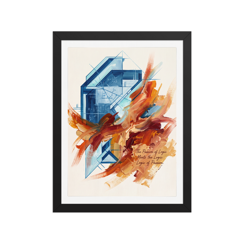 Cool blue architectural blueprints and equations intersect with dynamic sweeps of fiery orange oil paint, creating an striking contrast for modern office or living room wall decor. Available as the Lyco art art print 'The Passion of Logic'.