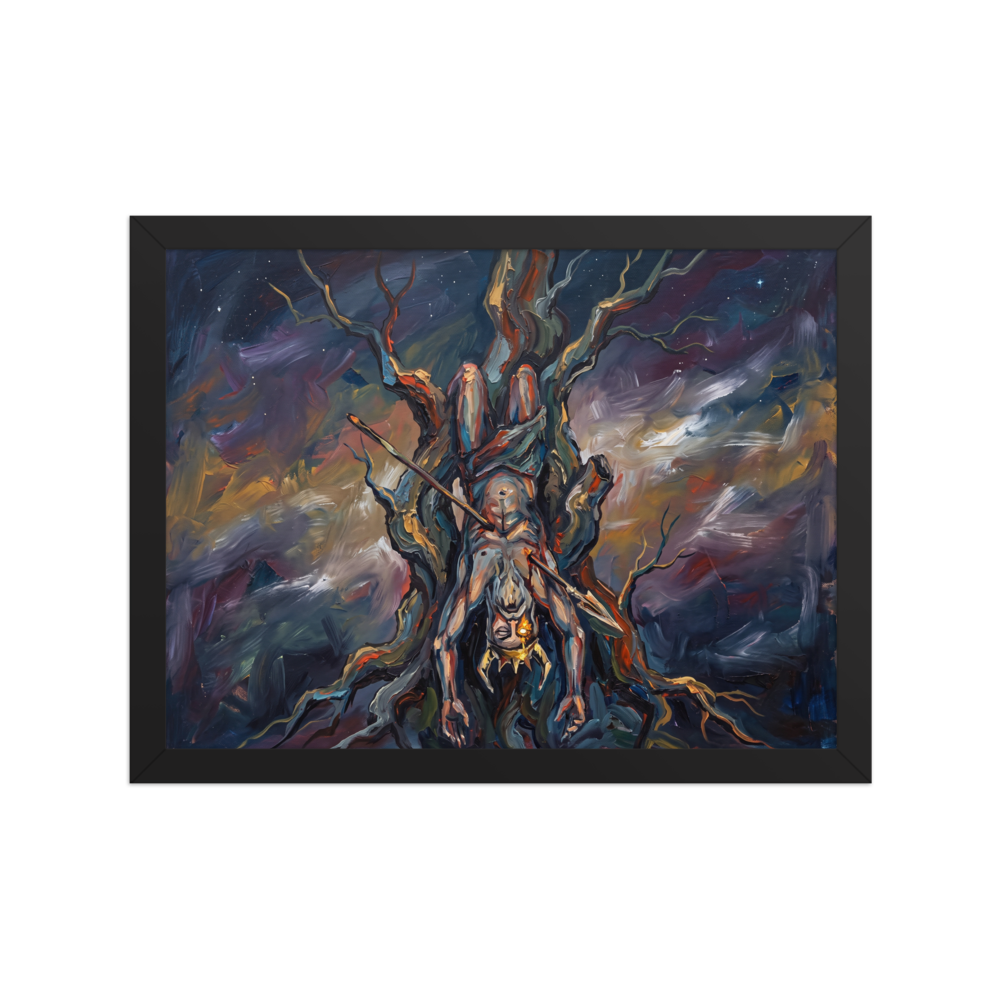 Expressionism wall art for the man cave, 'The Hanged God'. An expressionist oil painting of a crowned figure hanging upside down from a dark, twisting tree against a starry sky, perfect for adding dramatic flair to a man cave.