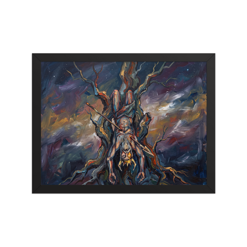 Expressionism wall art for the man cave, 'The Hanged God'. An expressionist oil painting of a crowned figure hanging upside down from a dark, twisting tree against a starry sky, perfect for adding dramatic flair to a man cave.