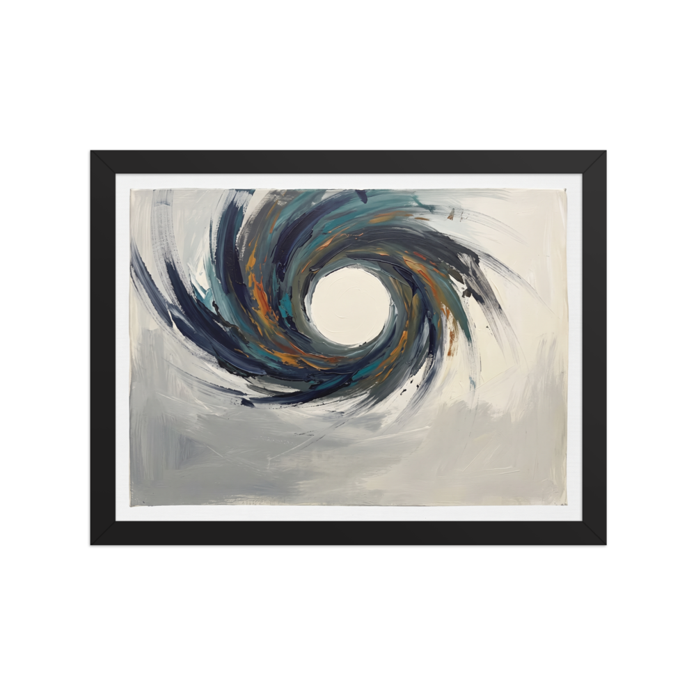 Wall art print 'The Primordial Void' in a Abstract expressionism style. An abstract expressionist painting featuring a powerful, swirling vortex of navy, teal, and orange around a white center on a grey canvas, ideal for a modern living room.