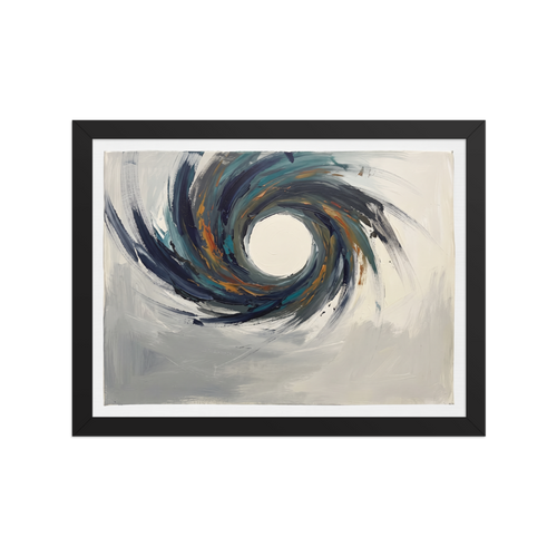 Wall art print 'The Primordial Void' in a Abstract expressionism style. An abstract expressionist painting featuring a powerful, swirling vortex of navy, teal, and orange around a white center on a grey canvas, ideal for a modern living room.