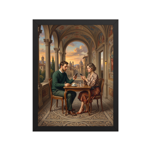'Loggia of Distraction', a Renaissance wall art print. An oil painting depicting a modern man and woman sitting at a cafe table in a classical Renaissance loggia overlooking a sunset, both engrossed in their smartphones, ideal for a living room or office.