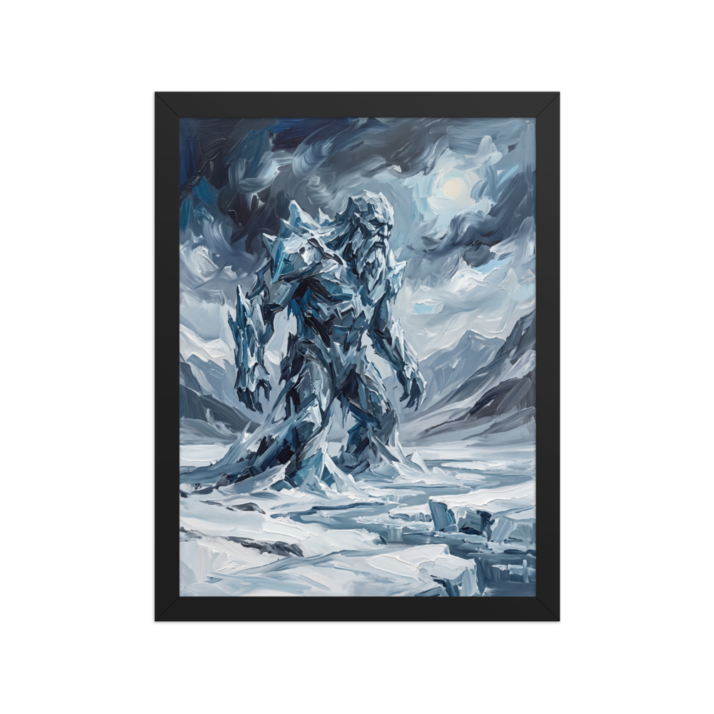 'Titan of the Frost', a Expressionism wall art print. A moody oil painting of a giant ice titan walking through snowy mountains, perfectly suited for a Den or Man Cave.