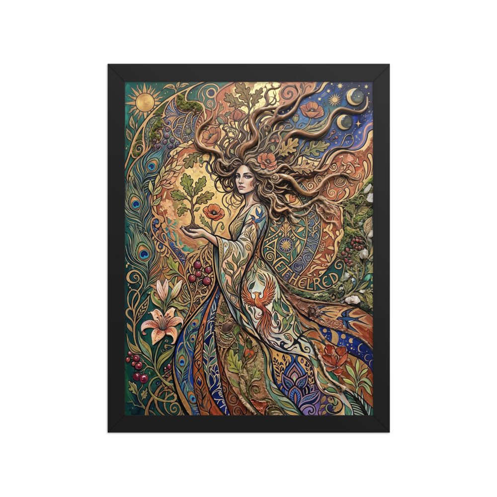 An ornate Art Nouveau painting of a nature goddess holding a young oak sapling amidst poppies, peacock feathers, and golden celestial symbols, bringing enchanting wonder to a bedroom or living room. 'Goddess of the Sacred Oak', a Art Nouveau print for the wall.
