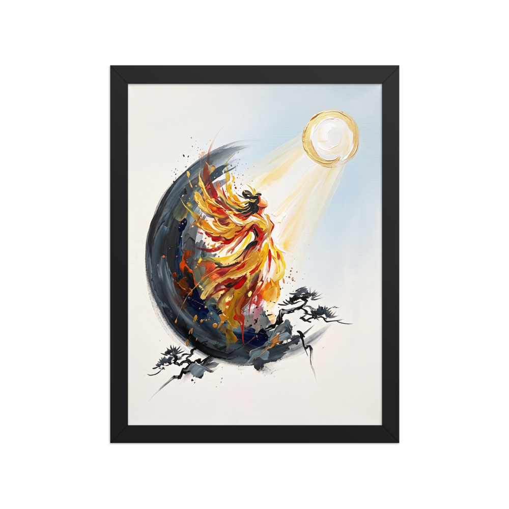 Wall art print 'Ascent of the Sun Goddess' in a Expressionism style. An expressionistic painting of a fiery celestial goddess rising towards the sun, framed by dark ink-like branches, perfect for an uplifting Bedroom.