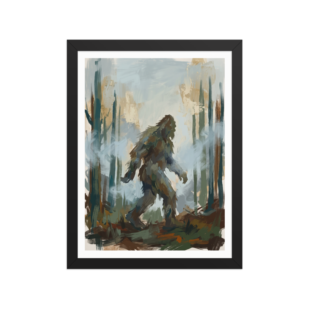 'Shadow of Pines', Impressionism wall art in light blue and dark green. Atmospheric painterly print of a Bigfoot walking through misty pine trees, ideal for a living room wall.