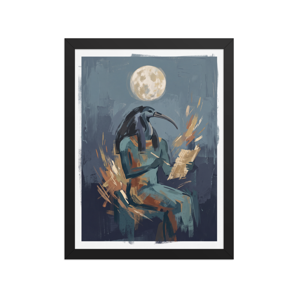 An expressive painting of the Egyptian god Thoth writing on a scroll under a full moon, featuring steel blue and sandy gold tones, ideal for a library or office. Available as the Expressionism art print 'The Scribe's Moonlight'.