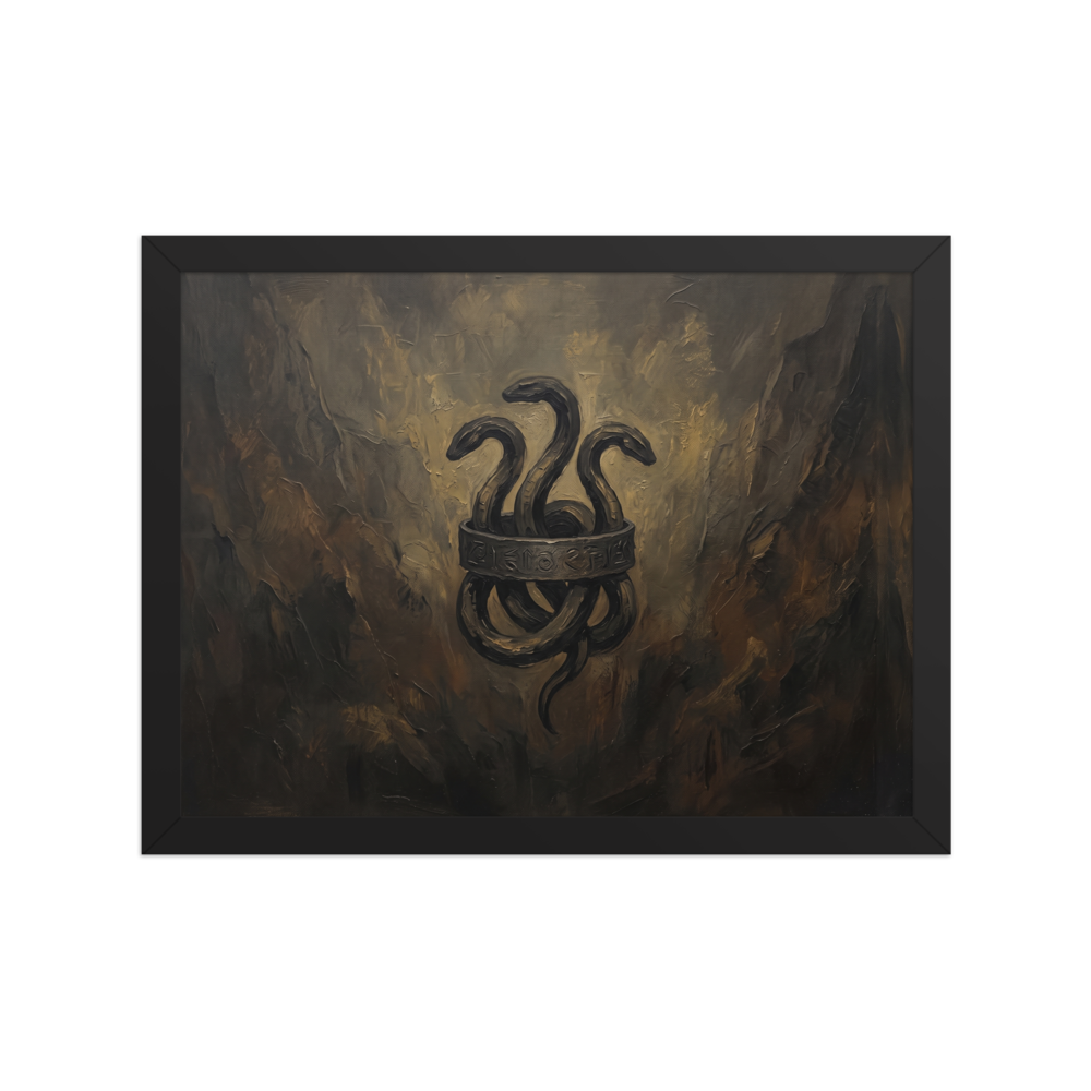 Moody dark oil painting of a three-headed serpent bound by a carved bronze ring, ideal wall art for a man cave. Available as the Symbolism art print 'Emblem of the Hydra'.