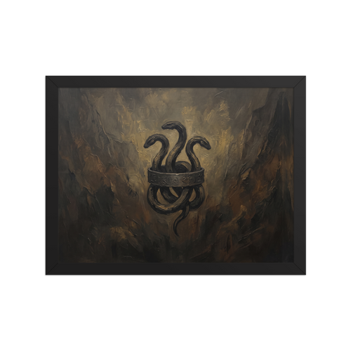 Moody dark oil painting of a three-headed serpent bound by a carved bronze ring, ideal wall art for a man cave. Available as the Symbolism art print 'Emblem of the Hydra'.
