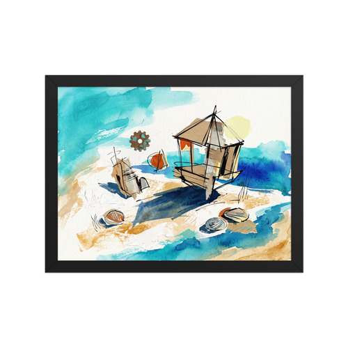 An abstract coastal watercolor and collage painting of a beach cabana, sailboats, and seashells in vibrant turquoise and aquamarine washes on white paper, perfect for a living room. Available as the Dau-al-Set art print 'Coastal Assemblage'.