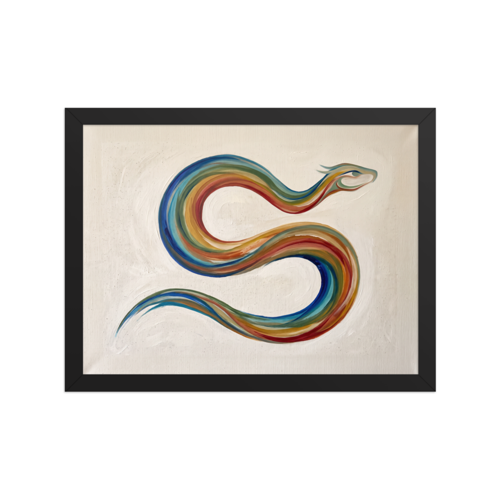'Path of the Rainbow Serpent'. Minimalist painting of the mythical Rainbow Serpent in colorful sweeping S-curves, perfect wall art for an entryway. Offered as a Modernism print.