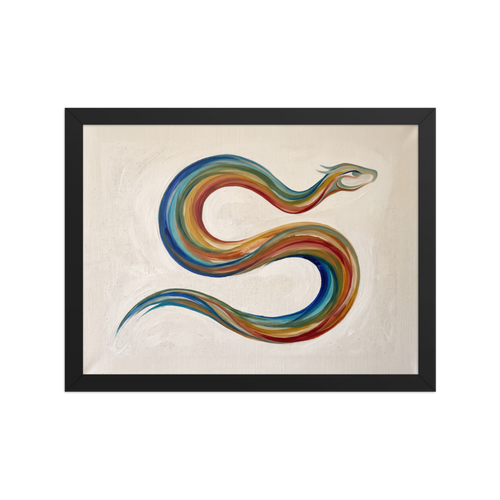 'Path of the Rainbow Serpent'. Minimalist painting of the mythical Rainbow Serpent in colorful sweeping S-curves, perfect wall art for an entryway. Offered as a Modernism print.