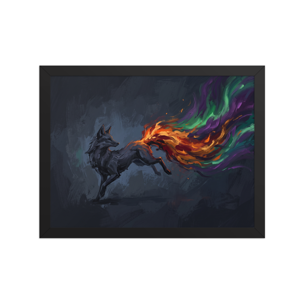 A dark painting of a leaping fox with a colorful, magical tail of orange, green, and purple fire, perfect for a mystical Game Room. A Expressionism print with a digital art look, titled 'The Spirit Fox'.