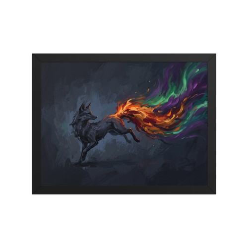 A dark painting of a leaping fox with a colorful, magical tail of orange, green, and purple fire, perfect for a mystical Game Room. A Expressionism print with a digital art look, titled 'The Spirit Fox'.