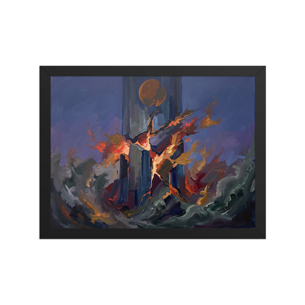 Fine art print 'The Falling Tower' in a Expressionism style. Dramatic expressionist painting of a stone tower breaking apart in fiery explosion, ideal for a living room wall.