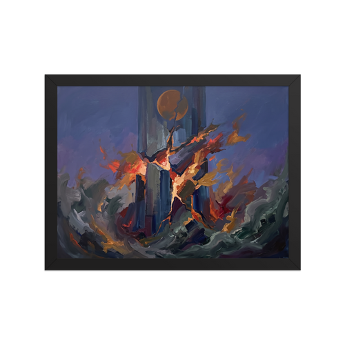 Fine art print 'The Falling Tower' in a Expressionism style. Dramatic expressionist painting of a stone tower breaking apart in fiery explosion, ideal for a living room wall.