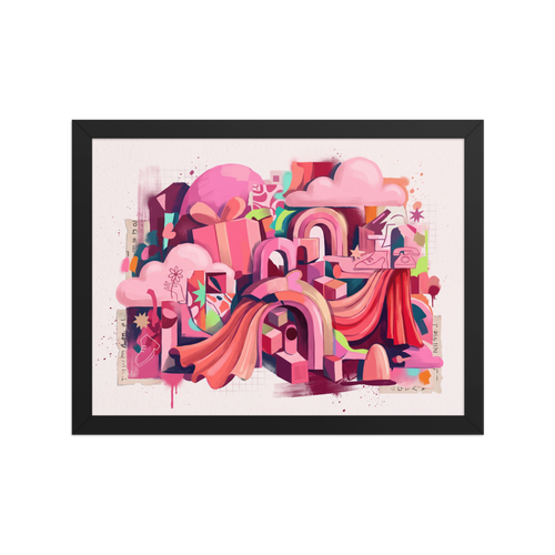 'Vibrant Archways of Memory', a Pop art wall art print. A vibrant digital collage of pink arches, floating clouds, and retro motifs like a vintage telephone, perfect for adding character to a modern living room.