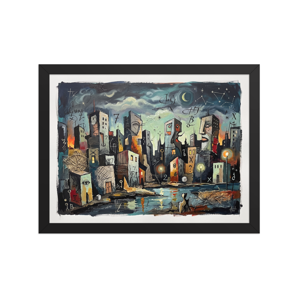A surreal oil painting of an anthropomorphic harbor city with face-shaped buildings, glowing street lamps, and cryptic symbols under a starry night sky, ideal for a library or living room. A Dau-al-Set art print titled 'Faces of the Harbor'.