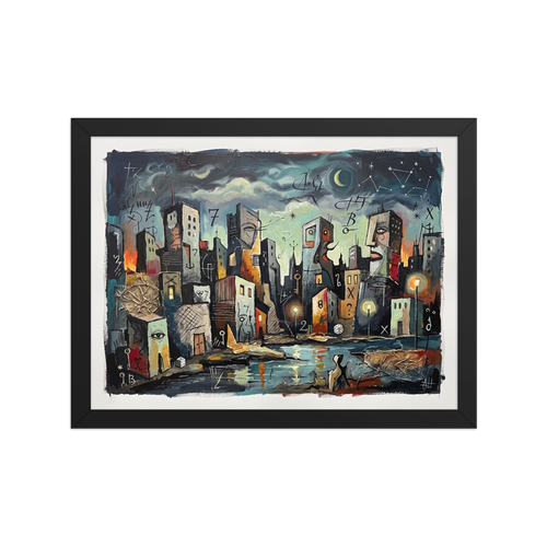 A surreal oil painting of an anthropomorphic harbor city with face-shaped buildings, glowing street lamps, and cryptic symbols under a starry night sky, ideal for a library or living room. A Dau-al-Set art print titled 'Faces of the Harbor'.