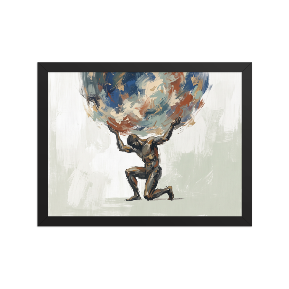 Expressionism wall art for the office, 'The Weight of the World'. An expressive painting of the mythological titan Atlas kneeling as he holds up a massive, swirling globe of blue and gold, perfect for a study or gym.