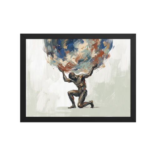 Expressionism wall art for the office, 'The Weight of the World'. An expressive painting of the mythological titan Atlas kneeling as he holds up a massive, swirling globe of blue and gold, perfect for a study or gym.