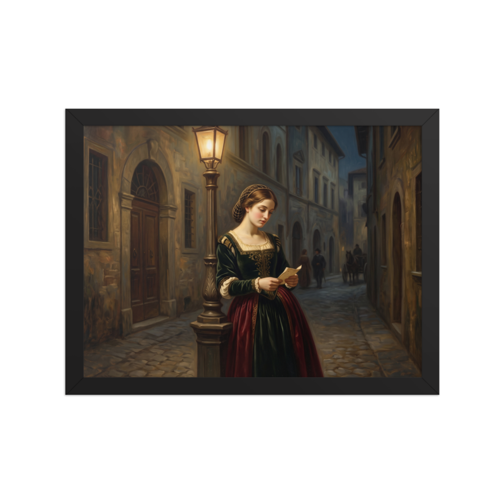 An oil painting of a young Renaissance woman in a green gown reading a letter under a glowing street lamp on a cobblestone street at dusk, fitting for a bedroom or living room. Available as the Renaissance art print 'Letters by Lamplight'.