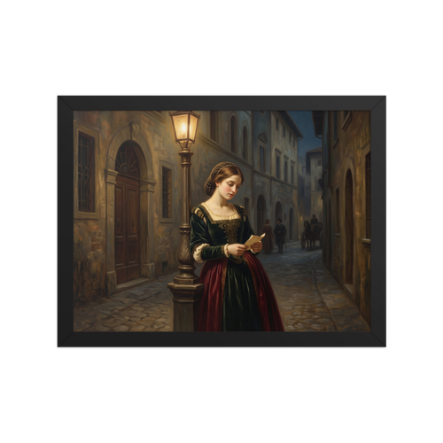 An oil painting of a young Renaissance woman in a green gown reading a letter under a glowing street lamp on a cobblestone street at dusk, fitting for a bedroom or living room. Available as the Renaissance art print 'Letters by Lamplight'.