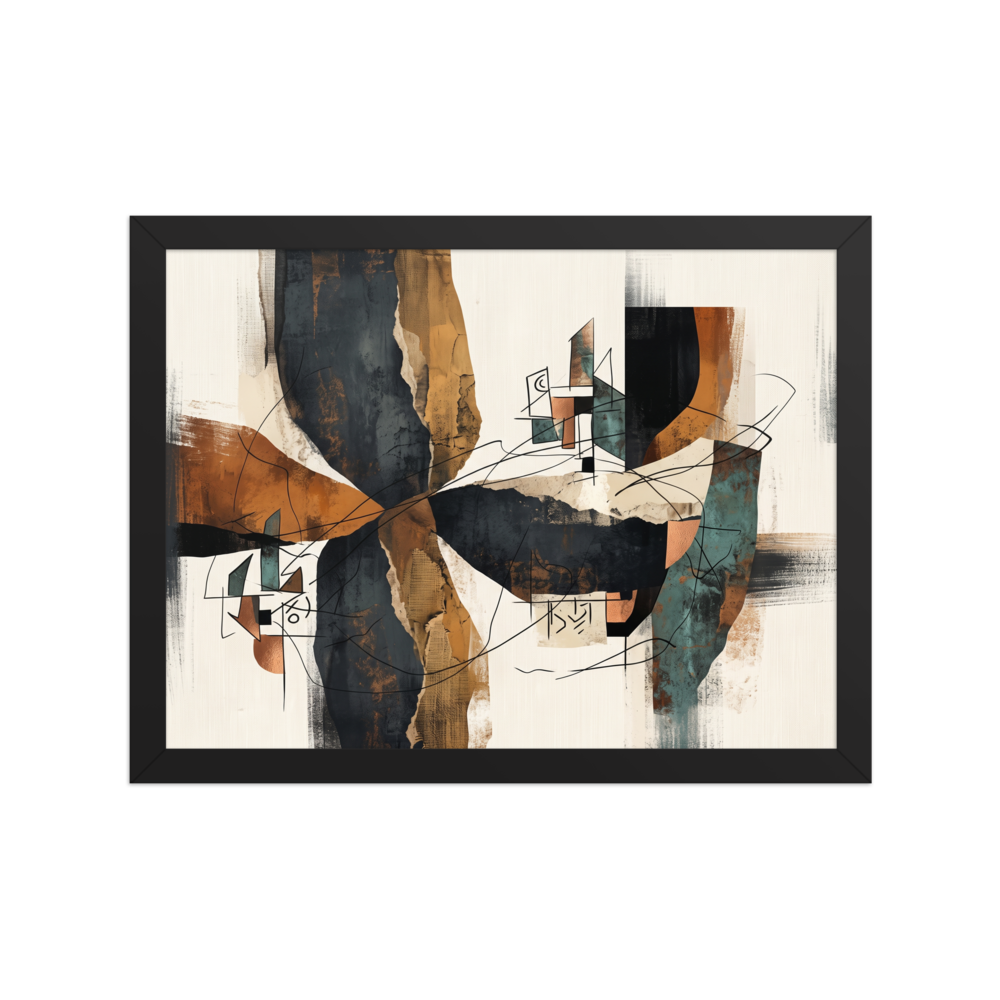 An abstract layered composition of charcoal, ochre, and teal swatches overlaid with fine architectural sketches, perfect for a modern office or living room. A Abstract expressionism print with a working in layers look, titled 'Architectural Fragments in Ochre'.