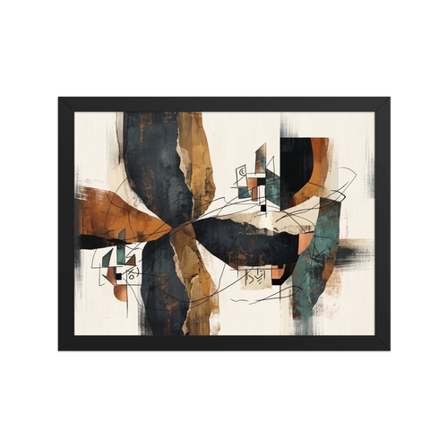 An abstract layered composition of charcoal, ochre, and teal swatches overlaid with fine architectural sketches, perfect for a modern office or living room. A Abstract expressionism print with a working in layers look, titled 'Architectural Fragments in Ochre'.