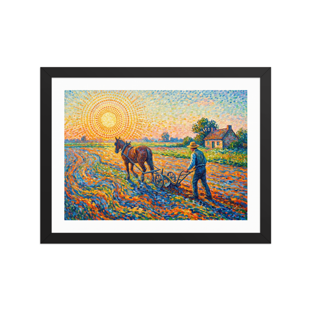 'The Radiant Field', part of Meron's Pointillism wall art. A Pointillist rural scene depicting a farmer plowing a sunlit field with a horse, styled for a Living Room.