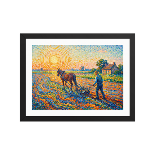 'The Radiant Field', part of Meron's Pointillism wall art. A Pointillist rural scene depicting a farmer plowing a sunlit field with a horse, styled for a Living Room.