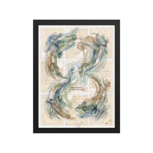 'The Alchemy of the Ordinary'. Nine panels of aged paper covered in scientific equations, unified by swirling green and blue watercolor washes and the phrase The Alchemy of the Ordinary, ideal for office wall decor. Offered as a Lyco art print.