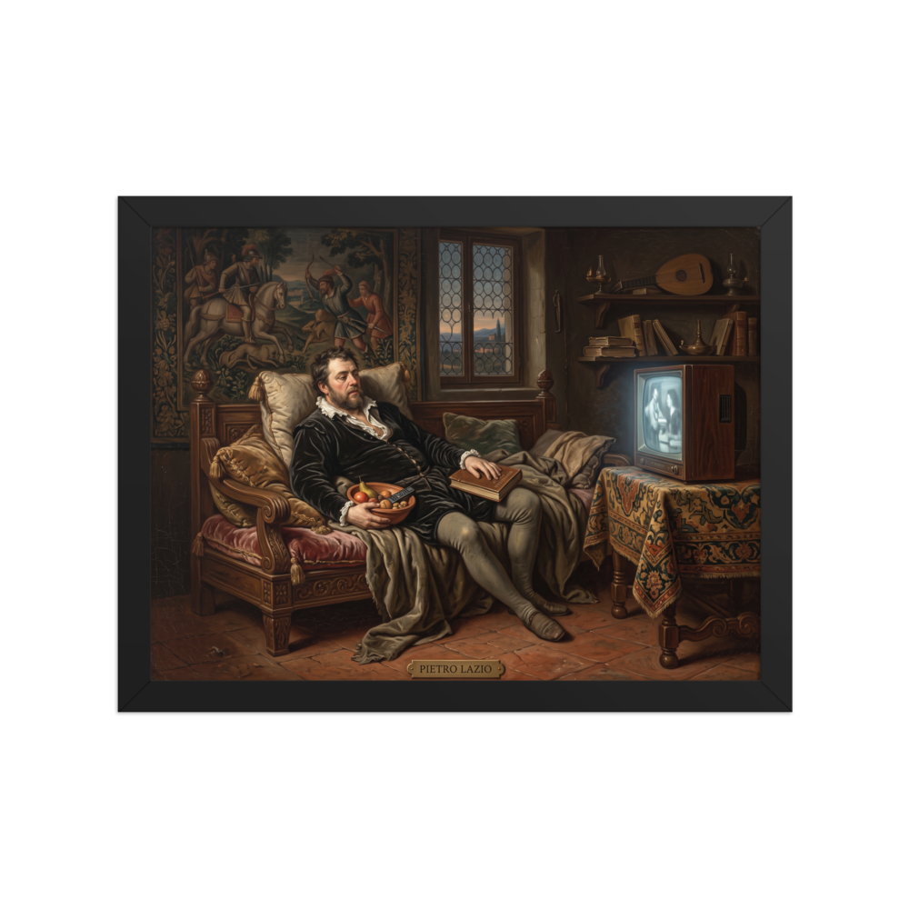Fine art print 'The Renaissance Couch Potato' in a Renaissance style. An oil painting of a Renaissance gentleman reclining on a daybed with a bowl of fruit and remote control watching a vintage television, perfect for a living room or man cave.